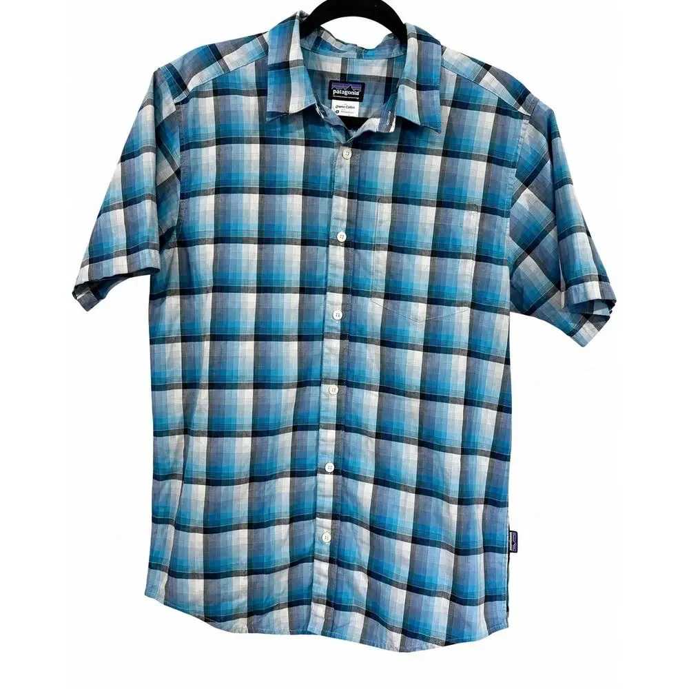 Patagonia Fezzman Men’s Small Blue Plaid Organic Cotton Camp Short Sleeve‎ Shirt